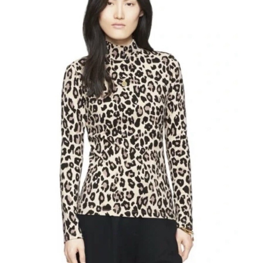 Kate Spade New York Leopard Print Mock Neck Back‎ Zip Top Tan Black Size 2